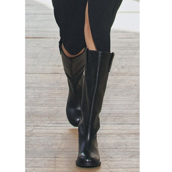 Zara Black Leather Knee High Boots Flat Round Toe Pull Tab Equestrian US Sz 6 - Picture 3 of 11